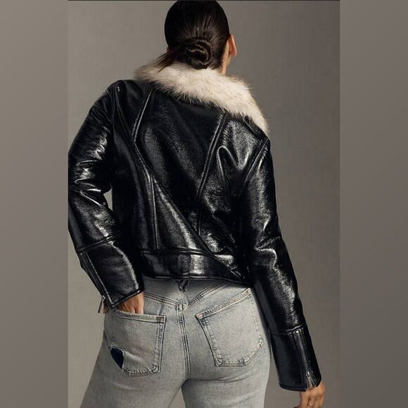 UNREAL FUR Vegan Leather Aviator Bomber Jacket Faux Fur Collar Full Zip Coat XL - Picture 9 of 15